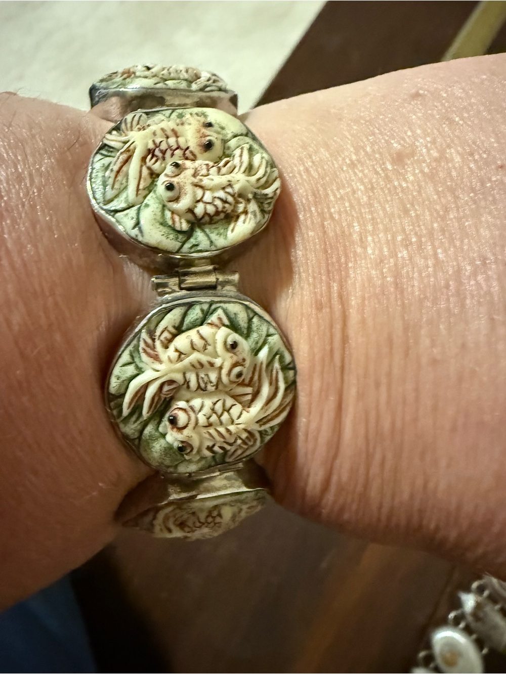Rare! Charles Albert Green and Cream Fish Motif Sterling Silver Bracelet